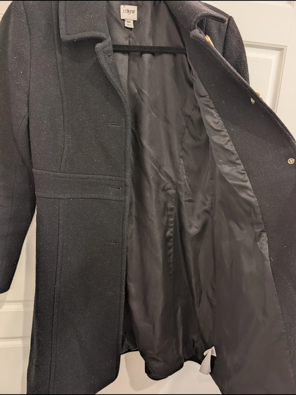Classic J. Crew Black Wool Coat with Gold Buttons Size 6 Petite